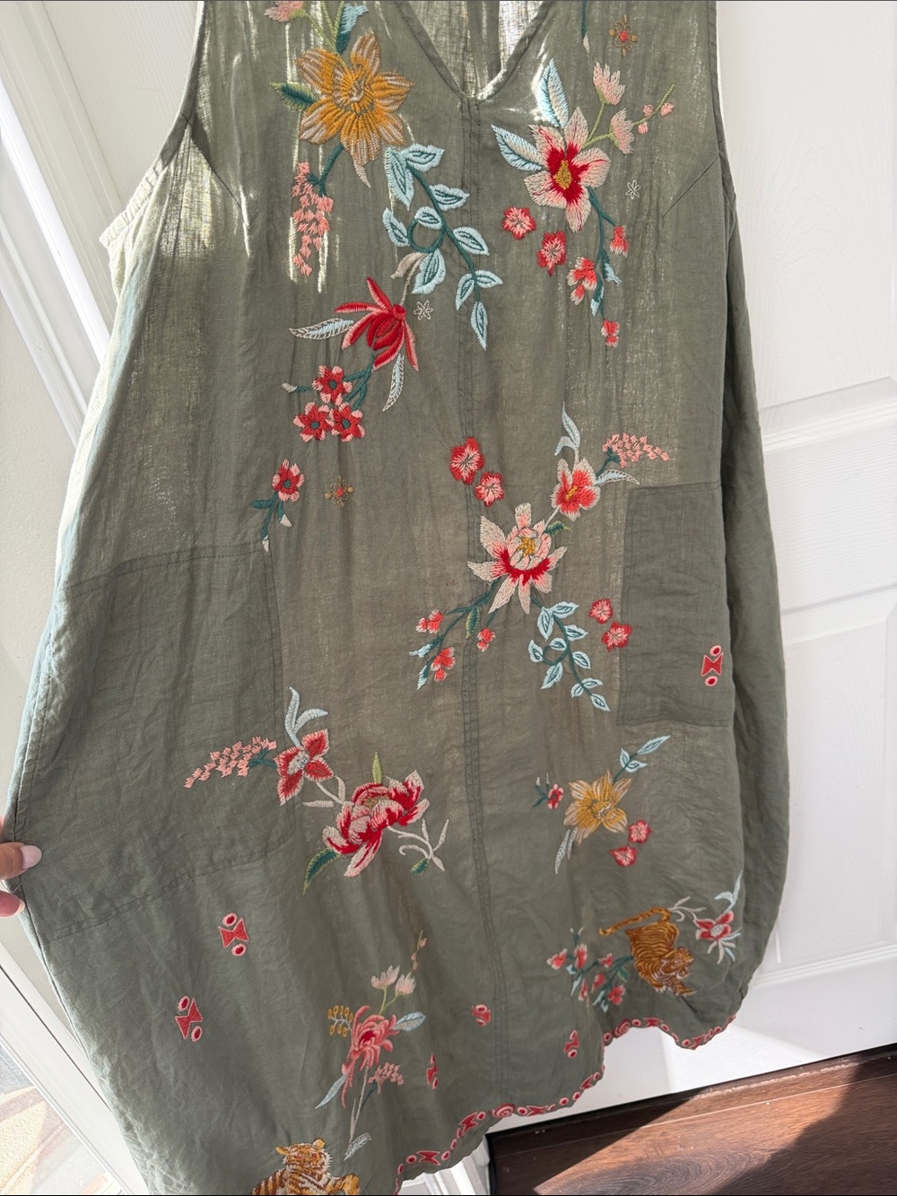 Johnny Was Olive Green Sleeveless Embroidered Floral Dress - Picture 4 of 7